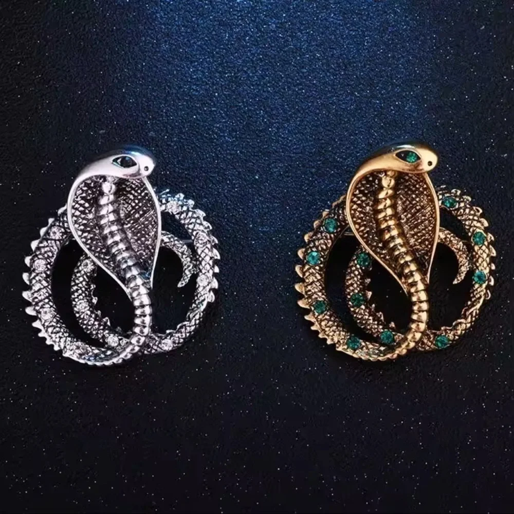 Golden Serpent Power Emerald Blue Crystal Eyes & Accents, Regal Cobra Brooch